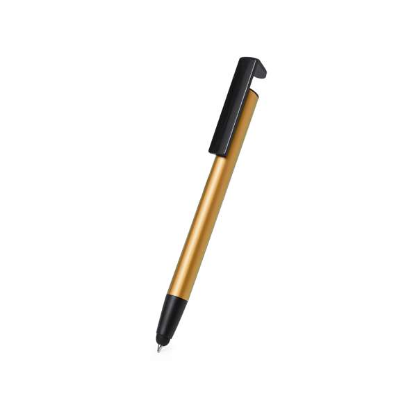 Bolígrafo puntero de mecanismo pulsador, fabricado en resistente aluminio. Con soporte para dispositivo móvil integrado en clip y suave cuerpo en variada gama de colores metalizados. En tinta azul y presentado individualmente en bolsa reciclada.