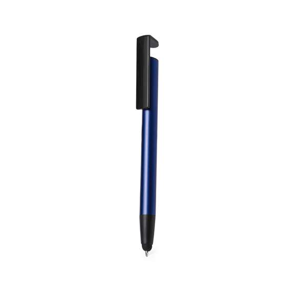 Bolígrafo puntero de mecanismo pulsador, fabricado en resistente aluminio. Con soporte para dispositivo móvil integrado en clip y suave cuerpo en variada gama de colores metalizados. En tinta azul y presentado individualmente en bolsa reciclada.