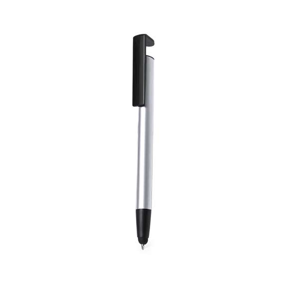 Bolígrafo puntero de mecanismo pulsador, fabricado en resistente aluminio. Con soporte para dispositivo móvil integrado en clip y suave cuerpo en variada gama de colores metalizados. En tinta azul y presentado individualmente en bolsa reciclada.