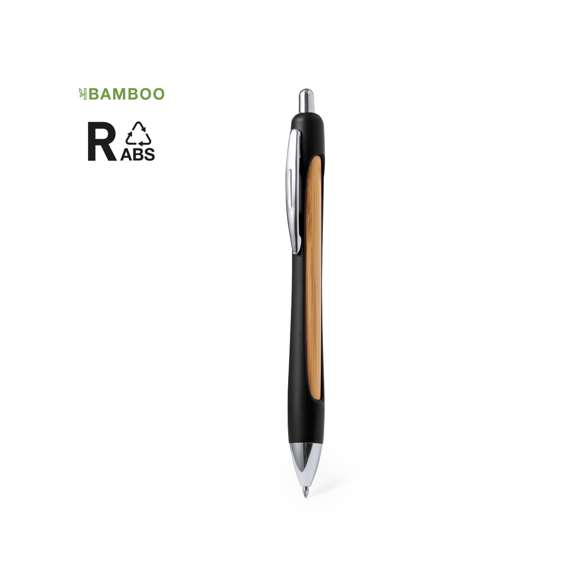 Elegante bolígrafo pulsador de RABS y bambú. Con un diseño logotipo que incorpora la combinación de bambú y RABS en una variedad de colores vibrantes a lo largo de la caña. De mecanismo pulsador y tinta azul con botón, clip y punta cromados. Presentado individualmente en bolsa reciclada. El RABS es un plástico altamente reciclable de gran resistencia y con multitud de aplicaciones que lo convierten en una solución eco-friendly. Con certificación RCS, que garantiza el origen reciclado del mismo y con logo RABS grabado.