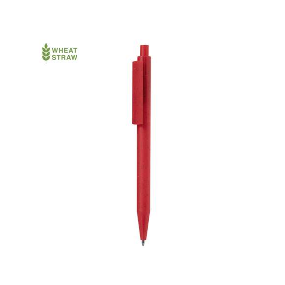 Práctico bolígrafo fabricado en caña de trigo y ABS. De mecanismo pulsador, en tinta azul y con logotipo Wheat Straw en la parte superior del bolígrafo. Disponible en variada gama de colores. La caña de trigo fomenta la utilización de materias primas naturales, reduciendo así las emisiones contaminantes.