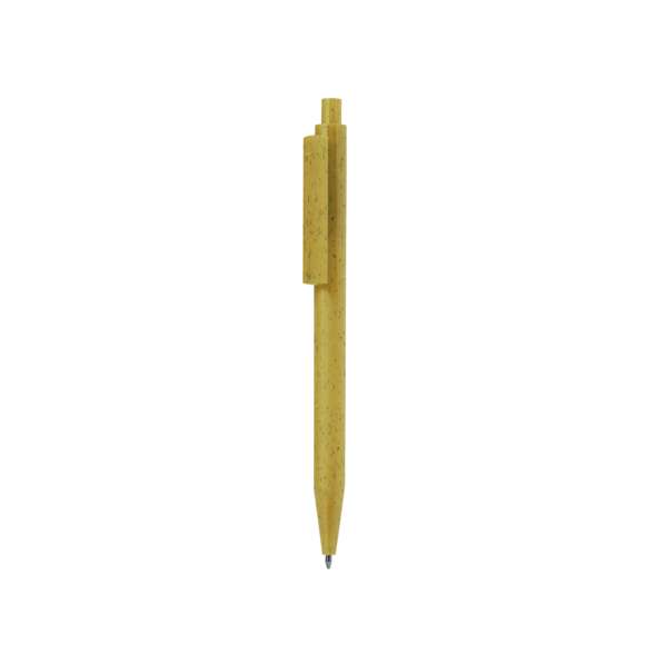 Práctico bolígrafo fabricado en caña de trigo y ABS. De mecanismo pulsador, en tinta azul y con logotipo Wheat Straw en la parte superior del bolígrafo. Disponible en variada gama de colores. La caña de trigo fomenta la utilización de materias primas naturales, reduciendo así las emisiones contaminantes.
