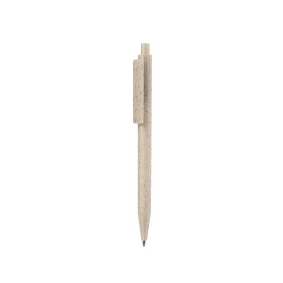 Práctico bolígrafo fabricado en caña de trigo y ABS. De mecanismo pulsador, en tinta azul y con logotipo Wheat Straw en la parte superior del bolígrafo. Disponible en variada gama de colores. La caña de trigo fomenta la utilización de materias primas naturales, reduciendo así las emisiones contaminantes.