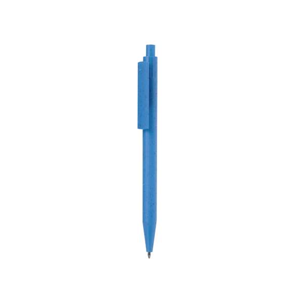 Práctico bolígrafo fabricado en caña de trigo y ABS. De mecanismo pulsador, en tinta azul y con logotipo Wheat Straw en la parte superior del bolígrafo. Disponible en variada gama de colores. La caña de trigo fomenta la utilización de materias primas naturales, reduciendo así las emisiones contaminantes.