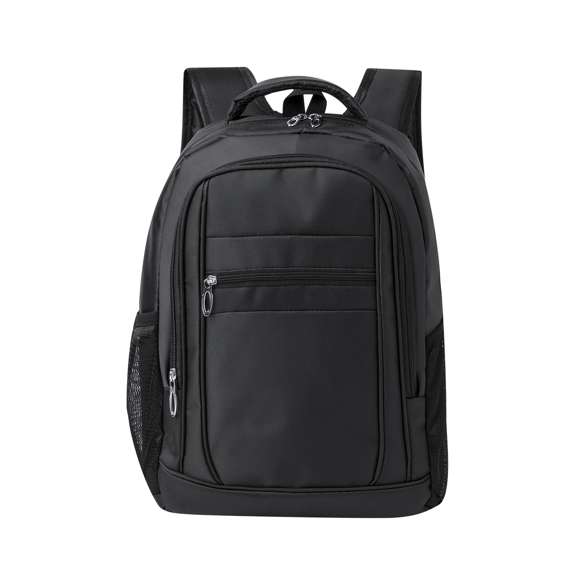 Mochila confeccionada en resistente 600D Nylon. Cuenta con un bolsillo principal con cierre de cremallera, y doble tirador. Interior con bolsillos acolchados destinados a tablet de hasta 10 pulgadas y portátil de hasta 15 pulgadas. Además, lleva dos bolsillos frontales adicionales. Tanto la espalda como las cintas de hombros son acolchadas y ajustables, fabricadas con un tejido transpirable. Presenta una cómoda cinta superior acolchada y bolsillos laterales de rejilla. Disponible en elegantes colores, con complementos en negro. Presentado en una bolsa individual.