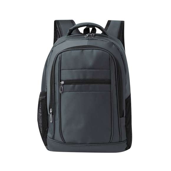 Mochila confeccionada en resistente 600D Nylon. Cuenta con un bolsillo principal con cierre de cremallera, y doble tirador. Interior con bolsillos acolchados destinados a tablet de hasta 10 pulgadas y portátil de hasta 15 pulgadas. Además, lleva dos bolsillos frontales adicionales. Tanto la espalda como las cintas de hombros son acolchadas y ajustables, fabricadas con un tejido transpirable. Presenta una cómoda cinta superior acolchada y bolsillos laterales de rejilla. Disponible en elegantes colores, con complementos en negro. Presentado en una bolsa individual.