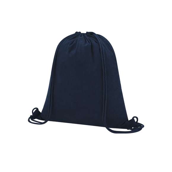 Mochila de cuerdas fabricada en resistente pana de poliéster. De acabado cosido, con cuerdas a juego y refuerzos laterales. Disponible en variada gama de colores.