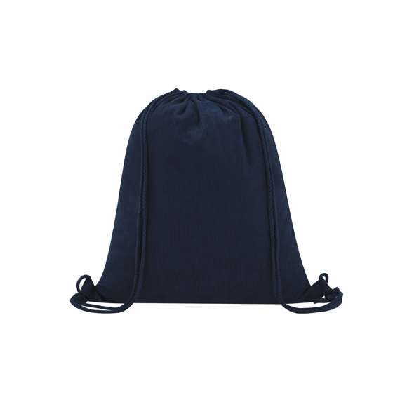 Mochila de cuerdas fabricada en resistente pana de poliéster. De acabado cosido, con cuerdas a juego y refuerzos laterales. Disponible en variada gama de colores.