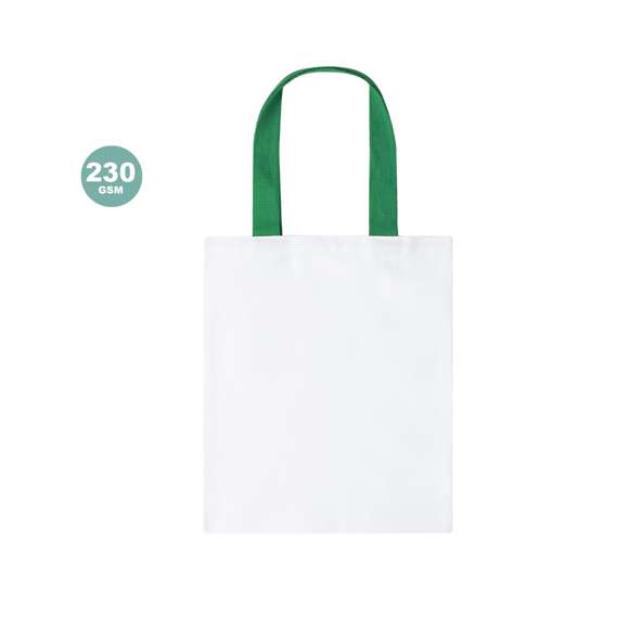 Bolsa de canvas de 230g/m2. En color blanco, con resistente acabado cosido y asas reforzadas en diferentes colores de 60cm de largo.
