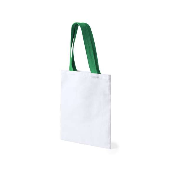 Bolsa de canvas de 230g/m2. En color blanco, con resistente acabado cosido y asas reforzadas en diferentes colores de 60cm de largo.