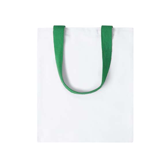 Bolsa de canvas de 230g/m2. En color blanco, con resistente acabado cosido y asas reforzadas en diferentes colores de 60cm de largo.