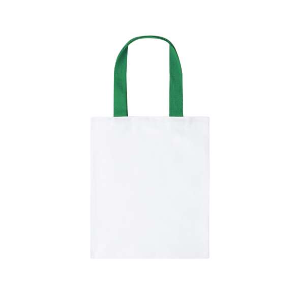 Bolsa de canvas de 230g/m2. En color blanco, con resistente acabado cosido y asas reforzadas en diferentes colores de 60cm de largo.