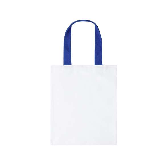 Bolsa de canvas de 230g/m2. En color blanco, con resistente acabado cosido y asas reforzadas en diferentes colores de 60cm de largo.