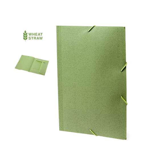 Carpeta fabricada a partir de caña de trigo. Tapa flexible, con interior especial para sujetar los folios y banda elástica de cierre. Disponible en varios colores.La caña de trigo fomenta la utilización de materias primas naturales, reduciendo así las emisiones contaminantes.