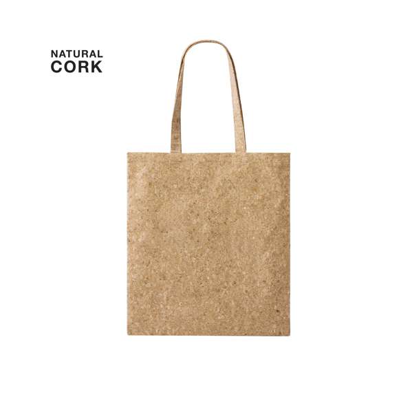 Bolsa confeccionada en corcho natural, equipada con asas del mismo material y reforzadas, de 50 cm de longitud. Presenta un acabado cosido y cuenta con una resistencia de hasta 8 kg de peso. Elaborado con elementos vegetales para así fomentar la utilización de materias primas naturales y reducir las emisiones contaminantes.