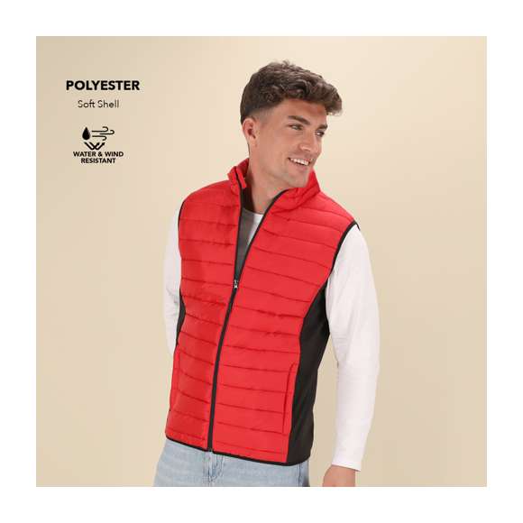 Chaleco resistente al viento y al agua, en cálida combinación de materiales soft shell y poliéster, con interior acolchado. De elegante construcción y en variada gama de colores, con detalles y laterales en negro. Cierre de cremallera y bolsillos laterales de cremallera, con tiradores para fácil apertura. Disponible en tallas S, M, L, XL, XXL.