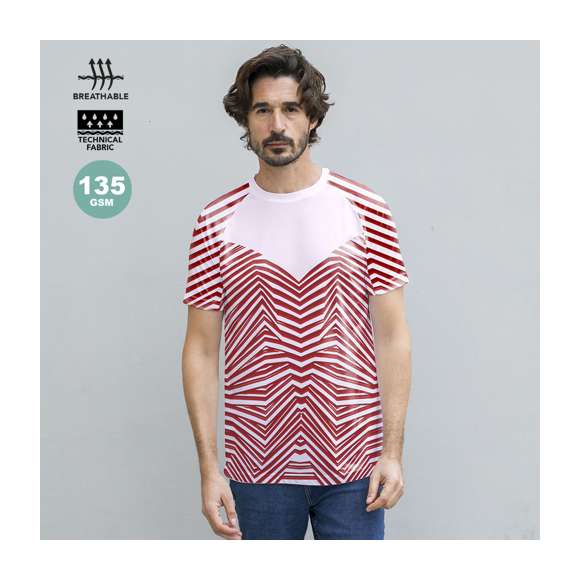 Camiseta técnica para adulto en poliéster de 135g/m2, transpirable y de suave tacto. Con innovador estampado a rayas y una zona lisa en el pecho para personalización. Con manga ranglán y cuello redondo. Disponible en variada gama de colores y en tallas XS, S, M, L, XL, XXL.