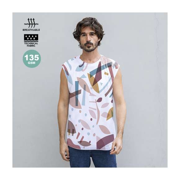 Camiseta técnica para adulto sin mangas, con innovador y original estampado. Confeccionada en poliéster de 135g/m2, transpirable y de suave tacto. Manga ranglán, cuello redondo y disponible en tallas XS, S, M, L, XL, XXL.