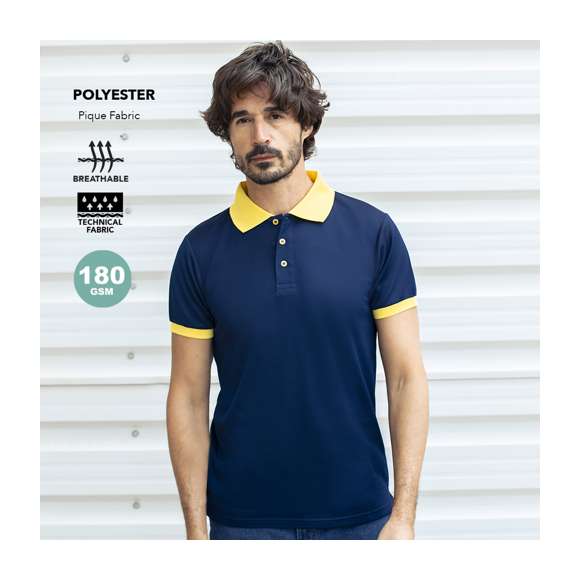 Polo técnico en material 100% poliéster piqué de 180g/m2. Fabricado en cómodo y suave tejido transpirable, con aperturas laterales en los bajos. De original diseño en color azul marino, con cuello y detalles de mangas en tono de contraste y a juego. Con 3 elegantes botones de cierre, a juego con el cuello y los detalles de las mangas. Disponible en varios colores y en tallas XS, S, M, L, XL, XXL.