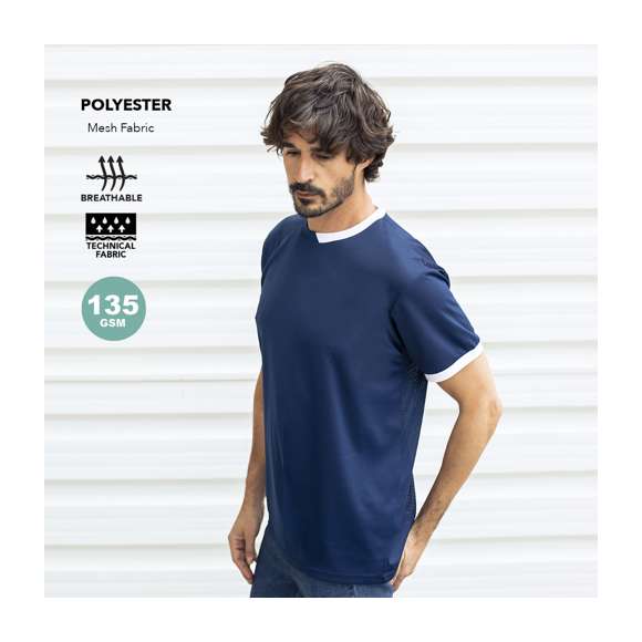 Camiseta técnica para adulto en 100% poliéster de 135g/m2. Fabricada en cómodo y suave tejido transpirable y con cuello redondo. Original diseño bicolor, con detalles en la parte inferior de las mangas y cuello en contraste de dos tonos. Disponible en tallas XS, S, M, L, XL, XXL.