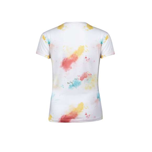 Camiseta para mujer en material 100% poliéster transpirable de 160g/m2 con textura de algodón. Con cuello redondo y atrevido diseño con estampados inspirado en una paleta de pinturas. Disponible en tallas S, M, L, XL.