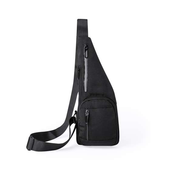Bandolera confeccionada en poliéster 300D, ofrece múltiples bolsillos para una organización efectiva. Dos bolsillos principales se encuentran en la zona frontal y lateral, junto con dos bolsillos adicionales en la parte frontal y trasera. Destaca por una banda reflectante en el bolsillo central para mejorar la visibilidad. Se presenta de manera individual en una bolsa reciclada.
