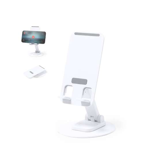 Soporte plegable para smartphone y tablet, fabricado en resistente aluminio y ABS. Regulable en altura, con almohadillas de goma antideslizantes en base y soporte. En sobrio acabado de color blanco o negro, y con amplia superficie de marcaje. Presentado en atractiva caja de diseño.