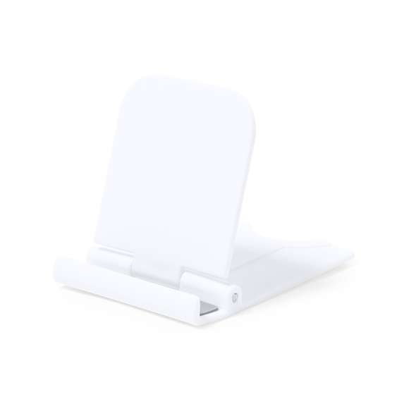 Soporte para smartphone y tablet fabricado en resistente ABS. De diseño compacto y plegable para poder llevarlo a cualquier lado. Con distintas posiciones de inclinación y almohadillas de sujeción. Presentado en bolsa individual reciclada.