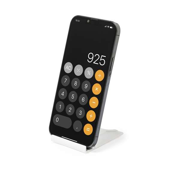 Soporte para smartphone y tablet fabricado en resistente ABS. De diseño compacto y plegable para poder llevarlo a cualquier lado. Con distintas posiciones de inclinación y almohadillas de sujeción. Presentado en bolsa individual reciclada.