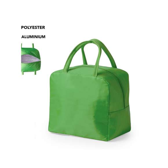 Nevera en resistente poliéster 210D. Compartimento principal con cierre de cremallera e interior en aluminio con base reforzada. Incluye asas a conjunto. Disponible en variada gama de colores. Presentada individualmente en bolsa reciclada.