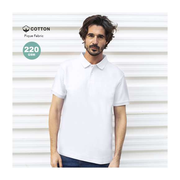 Polo de piqué para adulto en color blanco. En material 100% algodón de 220g/m2. Con dos botones de cierre a juego y aperturas laterales en los bajos. Tallas S, M, L, XL, XXL, 3XL.