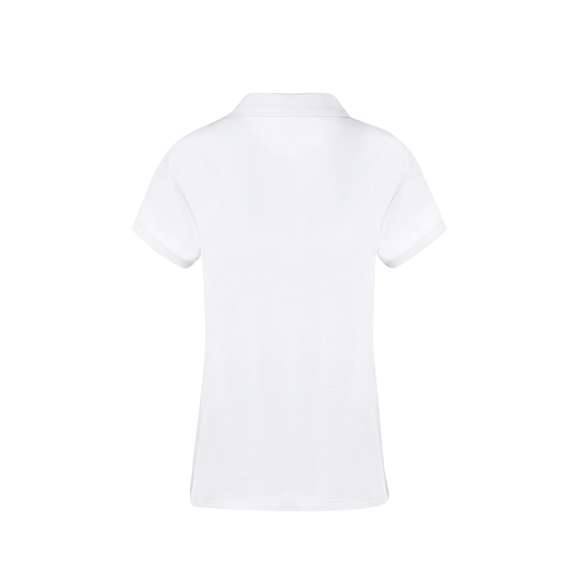 Polo de piqué para mujer en color blanco. En material 100% algodón de 220g/m2. Con dos botones de cierre a juego y aperturas laterales en los bajos. Tallas S, M, L, XL, XXL.