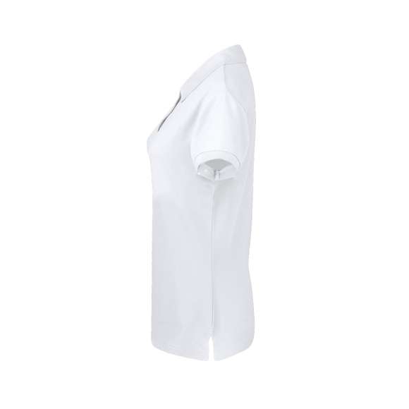 Polo de piqué para mujer en color blanco. En material 100% algodón de 220g/m2. Con dos botones de cierre a juego y aperturas laterales en los bajos. Tallas S, M, L, XL, XXL.