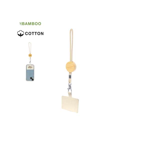 Original pulsera portamóvil en suave algodón, adaptable a todo tipo de muñecas. Con accesorio de transporte para situar entre la funda y el smartphone. Pieza central de bambú para personalización, especial para grabado en láser. Presentado individualmente en bolsa de papel reciclado.Materiales como el bambú fomentan la utilización de materias primas naturales, reduciendo las emisiones contaminantes. Proviene de una planta de gran resistencia y versatilidad, con crecimiento y regeneración rápidos, siendo una excelente alternativa al uso de madera tradicional.