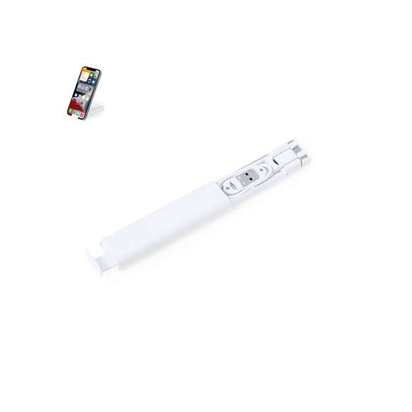 Completo set de cables cargadores fabricados en resistente ABS. Presentados en un compacto estuche fabricado en resistente ABS de color blanco, con soporte para smartphone integrado. Incluye cable cargador y sincronizador, apto para transferencia de datos y múltiples conexiones: Micro USB, Tipo C y Lightning; eyector de SIM incluido. 5V DC 3A. Presentado en caja de diseño kraft.
