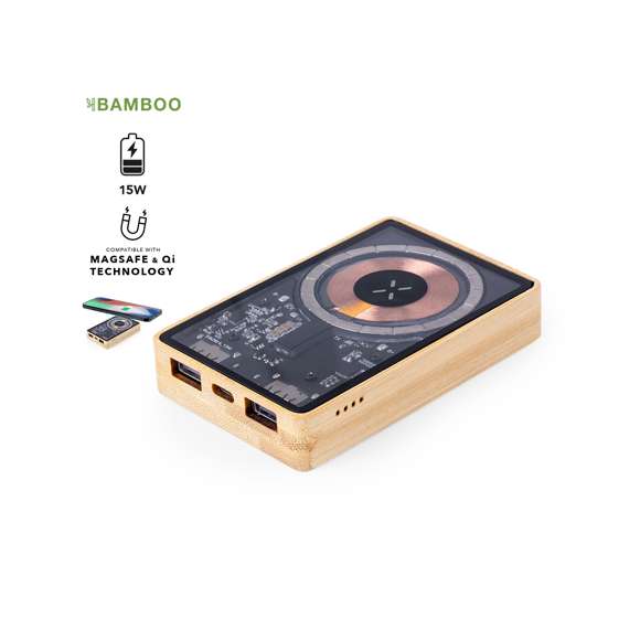 Batería auxiliar externa de original diseño y superficie transparente que permite ver los componentes internos del dispositivo. 5.000 mAh de capacidad de carga, con base en bambú y cargador inalámbrico integrado 15W. Conexiones de entrada/salida Tipo C + salida USB. Fijación magnética Magsafe y compatible con dispositivos equipados con tecnología de carga inalámbrica Qi. Cable de carga incluido, con manual de instrucciones en español e inglés. Presentada en caja individual de diseño eco y en cartón kraft.Entrada/Salida Tipo C: 5-12V DC 3-1.67A, 20WSalida USB: 5-12V DC 3-1.5A, 18WLas capacidades mostradas en todas nuestras baterías auxiliares externas son reales, incorporando todas ellas baterías de grado A y no recicladas, con una vida útil de al menos 500 ciclos de carga y según normativa CE. Además, están fabricadas conforme a los estándares RoHS y en cumplimiento con los siguientes requisitos de seguridad:Sistema de protección contra sobrecarga del power bank.Sistema de protección contra descarga completa que proporciona una mayor durabilidad del power bank.Sistema de bloqueo para evitar cortocircuitos.Sistema de transferencia de carga constante, acorde con la capacidad del dispositivo de destino.Materiales como el bambú fomentan la utilización de materias primas naturales, reduciendo las emisiones contaminantes. Proviene de una planta de gran resistencia y versatilidad, con crecimiento y regeneración rápidos, siendo una excelente alternativa al uso de madera tradicional.