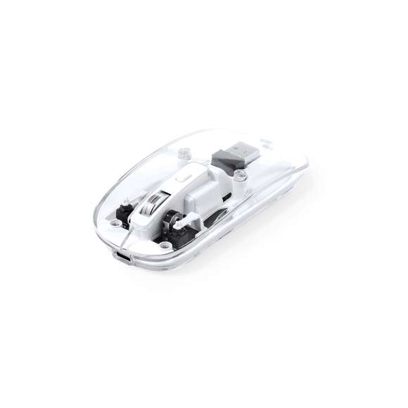 Ratón óptico inalámbrico de original diseño, con cuerpo transparente que permite ver los componentes internos del dispositivo. Con batería integrada de 300 mAh y con puerto de carga Tipo C (cable incluido). Incluye botón DPI, con conexión “plug and play” por USB y viene presentado en caja individual de diseño kraft.
