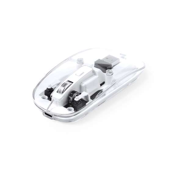 Ratón óptico inalámbrico de original diseño, con cuerpo transparente que permite ver los componentes internos del dispositivo. Con batería integrada de 300 mAh y con puerto de carga Tipo C (cable incluido). Incluye botón DPI, con conexión “plug and play” por USB y viene presentado en caja individual de diseño kraft.