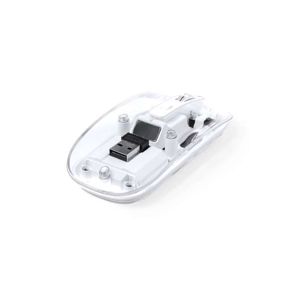 Ratón óptico inalámbrico de original diseño, con cuerpo transparente que permite ver los componentes internos del dispositivo. Con batería integrada de 300 mAh y con puerto de carga Tipo C (cable incluido). Incluye botón DPI, con conexión “plug and play” por USB y viene presentado en caja individual de diseño kraft.