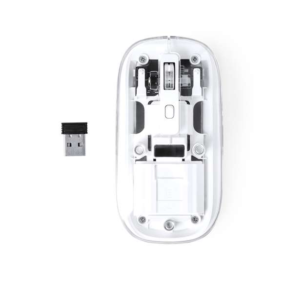 Ratón óptico inalámbrico de original diseño, con cuerpo transparente que permite ver los componentes internos del dispositivo. Con batería integrada de 300 mAh y con puerto de carga Tipo C (cable incluido). Incluye botón DPI, con conexión “plug and play” por USB y viene presentado en caja individual de diseño kraft.