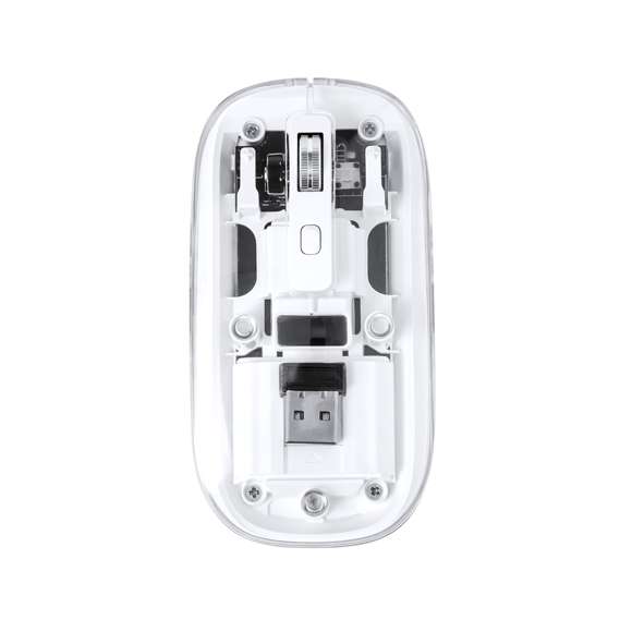 Ratón óptico inalámbrico de original diseño, con cuerpo transparente que permite ver los componentes internos del dispositivo. Con batería integrada de 300 mAh y con puerto de carga Tipo C (cable incluido). Incluye botón DPI, con conexión “plug and play” por USB y viene presentado en caja individual de diseño kraft.
