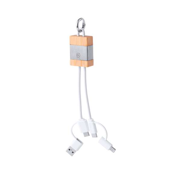 Cable cargador fabricado en bambú y Aluminio Reciclado. De tamaño compacto y con original anilla mosquetón de transporte. Conexiones de entrada Tipo C y USB + salidas Tipo C, Lightning y Micro USB. 5V DC 2.4A. Con logotipo Aluminio Reciclado y presentado en caja individual de diseño kraft.Materiales como el bambú fomentan la utilización de materias primas naturales, reduciendo las emisiones contaminantes. Proviene de una planta de gran resistencia y versatilidad, con crecimiento y regeneración rápidos, siendo una excelente alternativa al uso de madera tradicional.El Aluminio Reciclado es un material con posibilidades de reciclaje casi infinitas, sin perder sus propiedades originales y consumiendo menos energía en este proceso.Certificación GRS (Global Recycled Standard / Estándar de Reciclaje Global), que garantiza el origen reciclado del material usado para fabricar el producto.