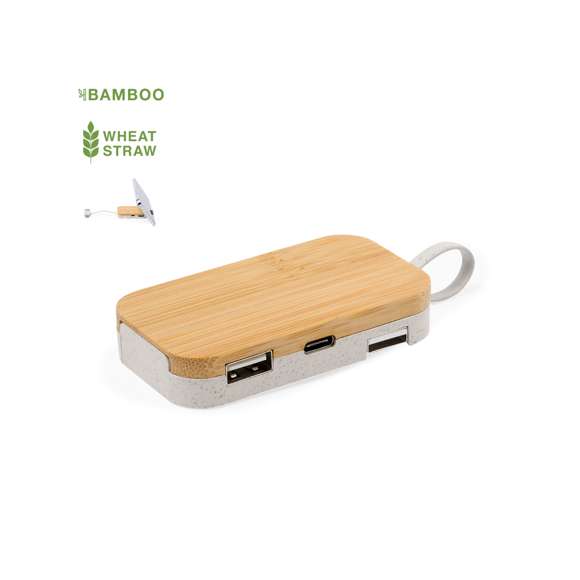 Puerto USB 2.0 con soporte para móvil extraíble integrado en la base. Parte superior del dispositivo fabricada en bambú, con base en caña de trigo. Con conexión dual USB/Tipo C y 3 puertos: 1 puerto Tipo C y 2 puertos USB. Presentado en caja individual de diseño kraft.La caña de trigo fomenta la utilización de materias primas naturales, reduciendo así las emisiones contaminantes.Materiales como el bambú fomentan la utilización de materias primas naturales, reduciendo las emisiones contaminantes. Proviene de una planta de gran resistencia y versatilidad, con crecimiento y regeneración rápidos, siendo una excelente alternativa al uso de madera tradicional.Fabricado conforme a estándares RoHS, con sistema de bloqueo para evitar cortocircuitos.