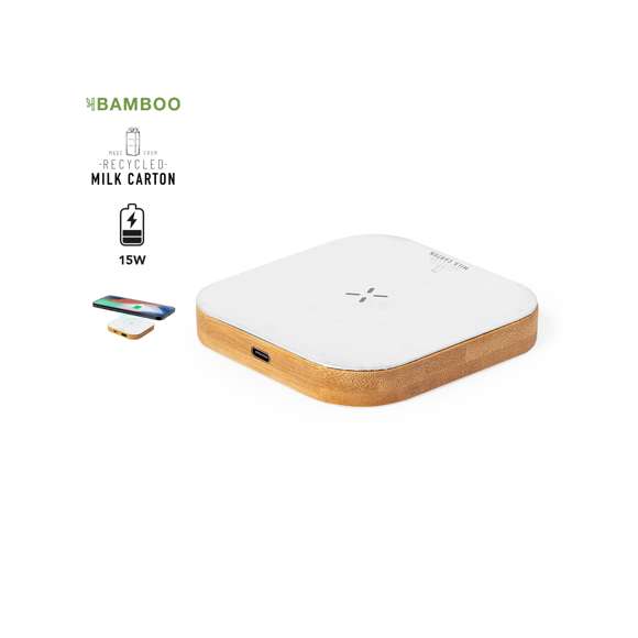 Cargador inalámbrico 15W y forma cuadrada. Con superficie de carga en material reciclado a partir de cartones de leche y base fabricada en bambú, compatible con dispositivos equipados con tecnología de carga inalámbrica Qi. Cable cargador Tipo C incluido, con logotipo cartones de leche reciclados en base de carga. Base de bambú antideslizante y presentado en caja individual de diseño kraft. Con manual de instrucciones en español e inglés.Los cartones de leche se componen en su mayor parte de cartón y aluminio. Durante su proceso de reciclado, se separan los distintos materiales del envase para su reutilización y nuevo uso, contribuyendo así a recorrer el camino infinito de la economía circular. Este material se caracteriza por su alto grado de reciclabilidad, así como por su ligereza y resistencia.Materiales como el bambú fomentan la utilización de materias primas naturales, reduciendo las emisiones contaminantes. Proviene de una planta de gran resistencia y versatilidad, con crecimiento y regeneración rápidos, siendo una excelente alternativa al uso de madera tradicional.Fabricado conforme a los estándares RoHS y en cumplimiento con los siguientes requisitos de seguridad:Sistema de protección contra sobrecalentamiento.Sistema de protección contra sobrecarga.Sistema de bloqueo para evitar cortocircuitos.