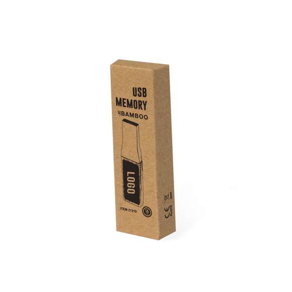 Memoria USB de 16GB de capacidad. Fabricada en bambú, con amplia y elegante zona de marcaje iluminada. Presentada en atractiva caja de diseño kraft.Materiales como el bambú fomentan la utilización de materias primas naturales, reduciendo las emisiones contaminantes. Proviene de una planta de gran resistencia y versatilidad, con crecimiento y regeneración rápidos, siendo una excelente alternativa al uso de madera tradicional.