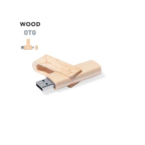 Memoria USB OTG de 16GB de capacidad, con clip giratorio y cuerpo acabado en suave madera. Con conexión USB y Tipo C. Presentada en estuche individual de cartón reciclado.