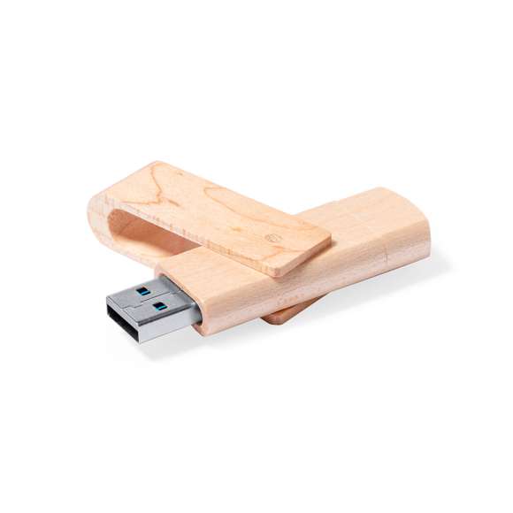 Memoria USB OTG de 16GB de capacidad, con clip giratorio y cuerpo acabado en suave madera. Con conexión USB y Tipo C. Presentada en estuche individual de cartón reciclado.