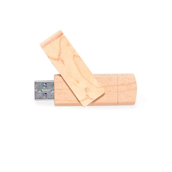 Memoria USB OTG de 16GB de capacidad, con clip giratorio y cuerpo acabado en suave madera. Con conexión USB y Tipo C. Presentada en estuche individual de cartón reciclado.