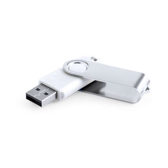 Memoria USB de 16GB de capacidad, con cuerpo en resistente RABS y clip metálico giratorio. Presentada caja de diseño kraft.El RABS es un plástico altamente reciclable de gran resistencia y con multitud de aplicaciones que lo convierten en una solución eco-friendly. Con certificación RCS, que garantiza el origen reciclado del mismo.