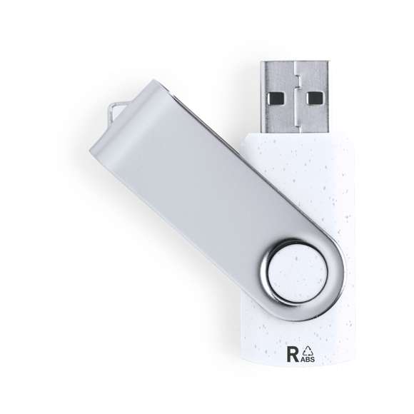 Memoria USB de 16GB de capacidad, con cuerpo en resistente RABS y clip metálico giratorio. Presentada caja de diseño kraft.El RABS es un plástico altamente reciclable de gran resistencia y con multitud de aplicaciones que lo convierten en una solución eco-friendly. Con certificación RCS, que garantiza el origen reciclado del mismo.